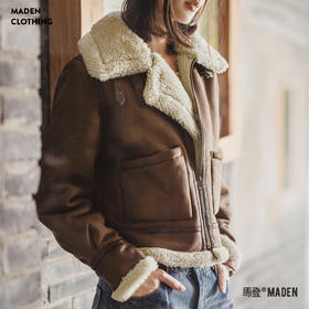 马登立翻领麂皮仿羊羔毛加厚飞行员短款棉服衣袄夹克外套女士秋冬