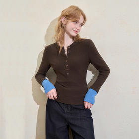 西遇撞色拼接假两件长袖T恤女冬季高弹修身显瘦内搭针织衫V3755290