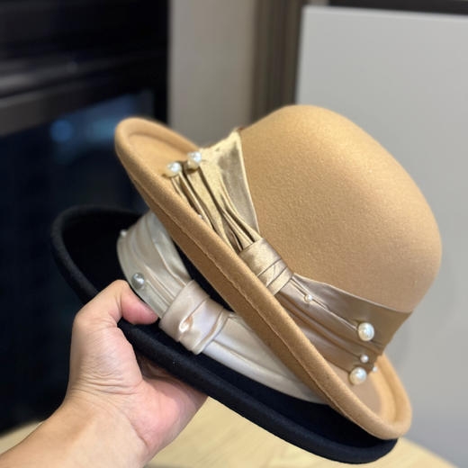 丁摩 新款卷边，珍珠礼帽盆帽复古赫本风小沿渔夫帽高档名媛毛呢帽5ZF-11102 商品图2