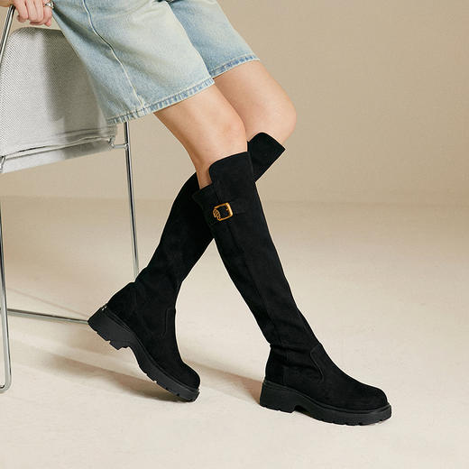 千百度厚底弹力靴女袜靴显瘦增高瘦瘦靴骑士靴长靴子A25506608 商品图3