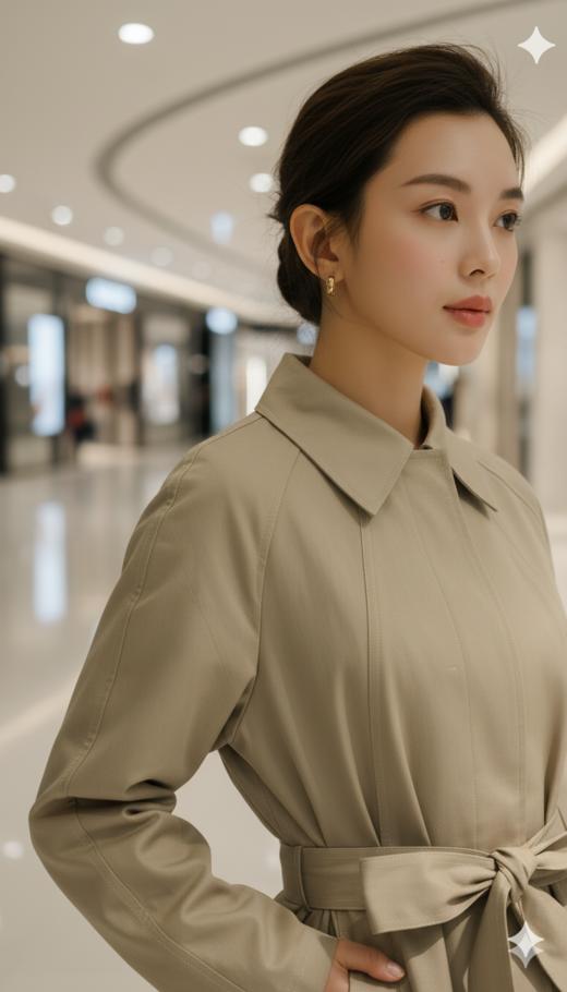 插肩袖多分割珠边明线小翻领A摆腰带中长风衣 商品图4