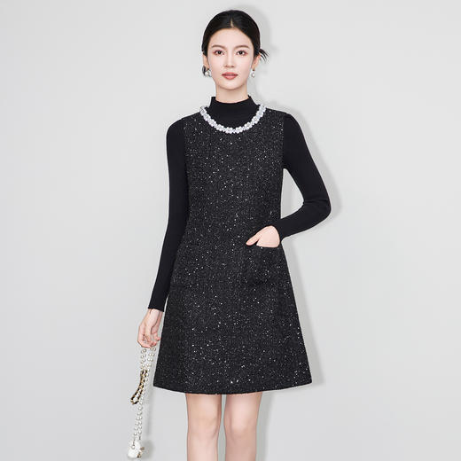 「高货wl」全新升级【铂金会员367/天猫499/差价132】(62218)洛诗琳法式小香亮片粗花呢无袖连衣裙针织打底衫两件套 商品图0