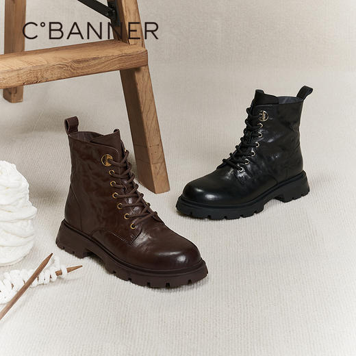 千百度手抓皮厚底马丁靴女美拉德加绒保暖增高短靴子A25568712 商品图1