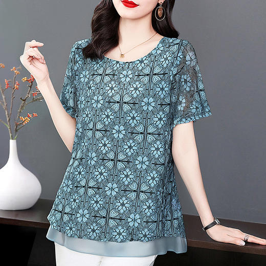 芳妮诗女士蕾丝衫新款夏季大码女装中长款短袖上衣洋气漂亮小衫 商品图0