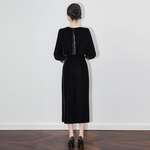 高货重工钉珠领蕾丝拼接丝绒收腰修身连衣裙WLZD2512603 商品图1