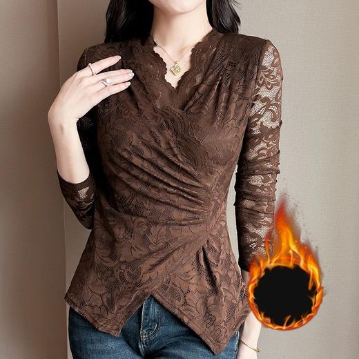 KQL 311H9176加绒V领蕾丝衫遮肚显瘦纯色 商品图3