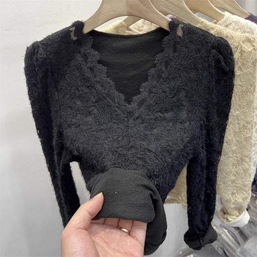 丁摩 磨毛蕾丝性感修身加绒加厚打底衫 商品图3