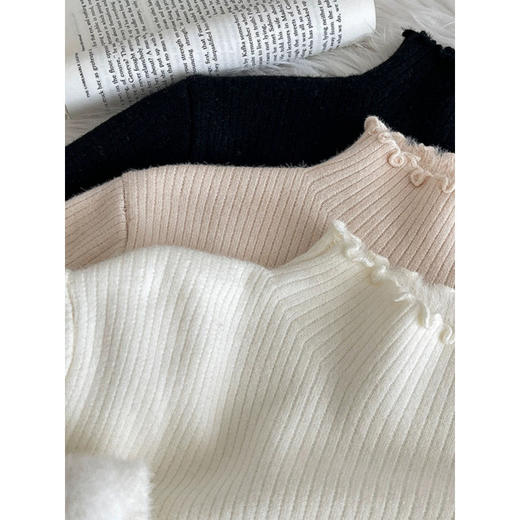 保暖显瘦不臃肿 秋季热卖 加绒款木耳边半高领一体绒毛衣女秋冬季新款内搭打底衫加绒加厚针织衫 商品图7