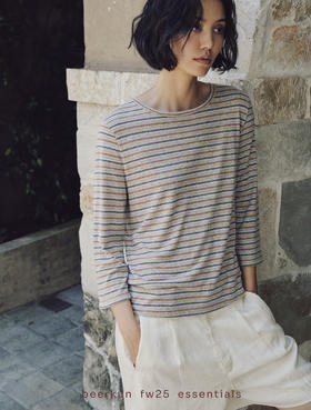 [特价]轻松老友记 进口汉麻色织条纹 复古文艺直身剪裁8分袖T恤