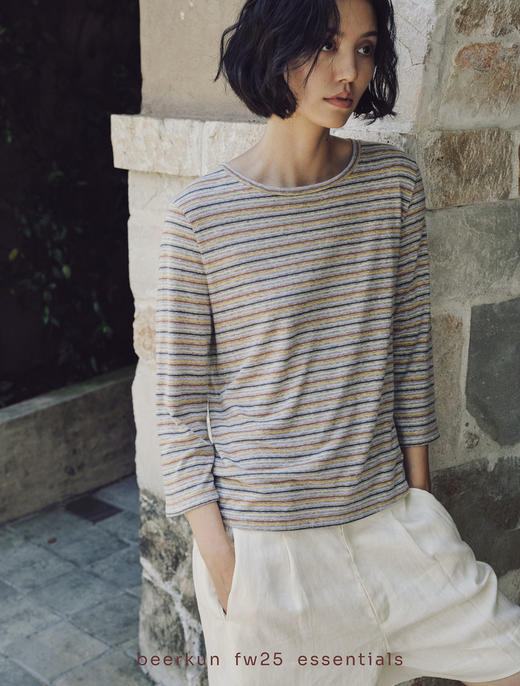 [特价]轻松老友记 进口汉麻色织条纹 复古文艺直身剪裁8分袖T恤 商品图0