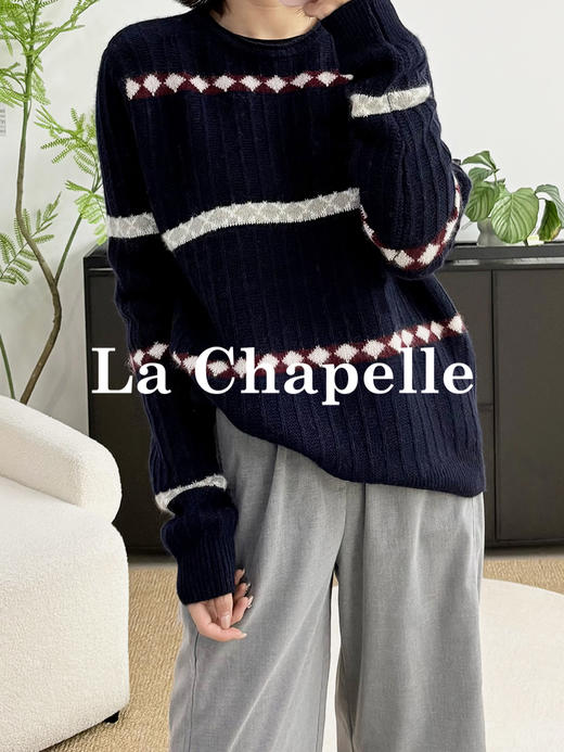 专柜实拍【自留款！兔毛+绵羊毛】拉夏贝尔/La Chapelle韩系圆领撞色菱格针织衫慵懒风宽松显瘦毛衣 商品图1