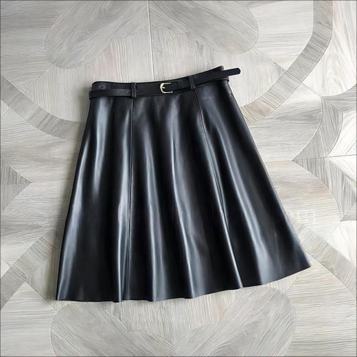 丁摩 真皮皮裙女高腰显瘦伞裙绵羊皮A字半身裙 商品图1