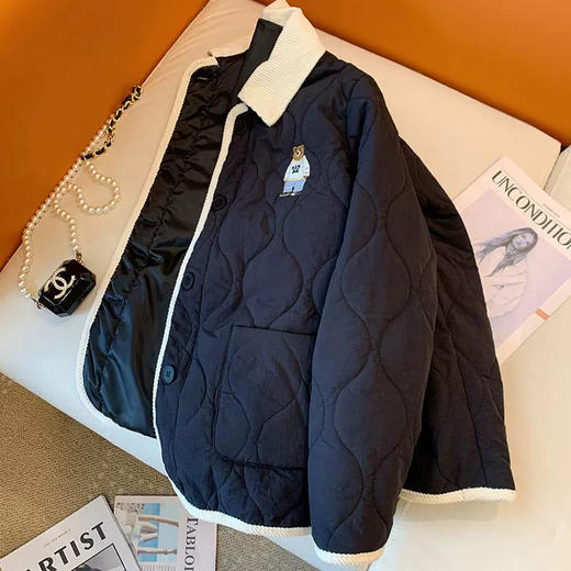 丁摩 美式复古小熊刺绣撞色包边棉服女冬季时尚菱格宽松加厚翻领外套5ZF-11108 商品图0