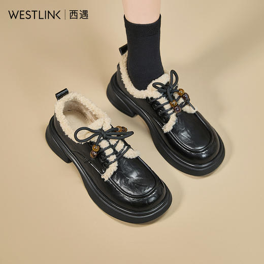西遇加绒厚底小皮鞋女新款秋冬复古系带毛毛乐福鞋外穿棉鞋V2457316 商品图0