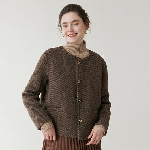 丁摩 圆领短款双面呢羊毛大衣女秋冬新款小香风单排扣外套BN0710 商品图0