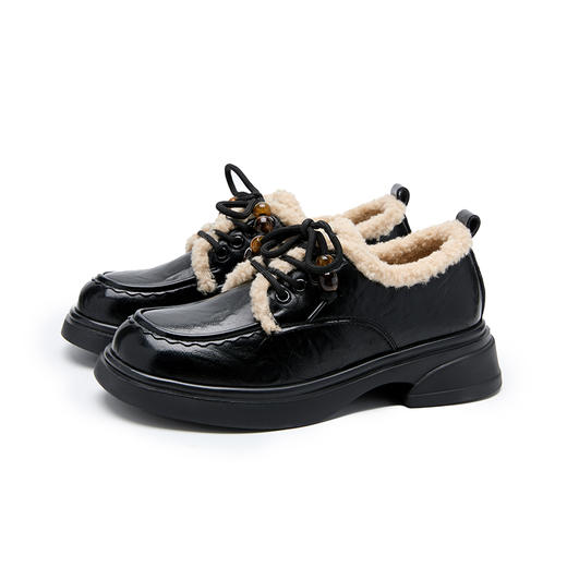 西遇加绒厚底小皮鞋女新款秋冬复古系带毛毛乐福鞋外穿棉鞋V2457316 商品图4