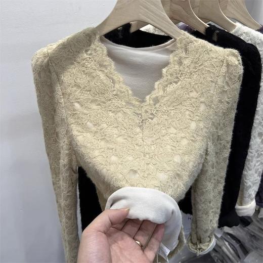 丁摩 磨毛蕾丝性感修身加绒加厚打底衫 商品图1