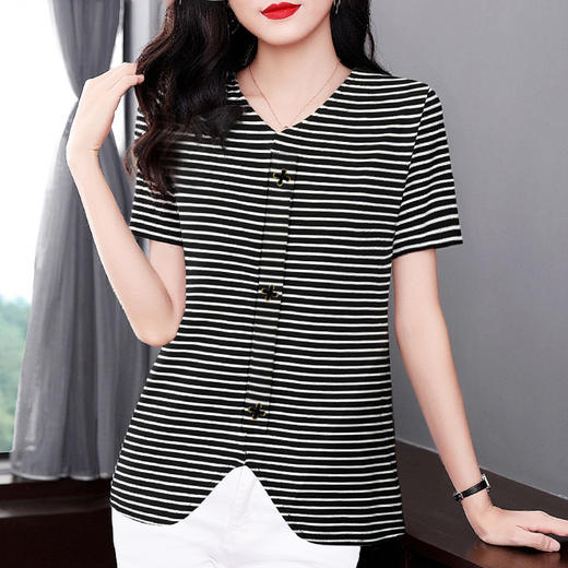 夏季2025新款V领短袖t恤女洋气条纹大码女装休闲女士上衣宽松体恤 商品图2