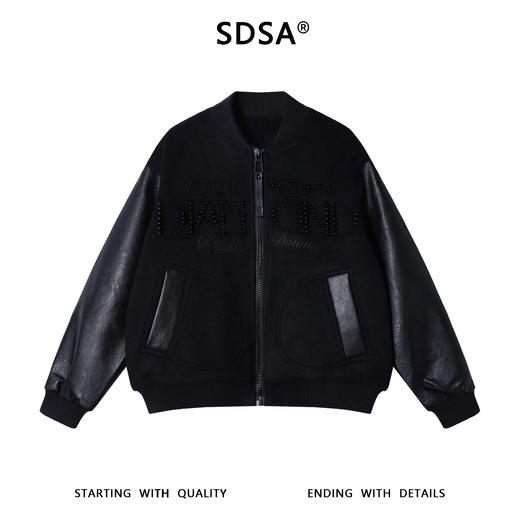 251229SDSA秋冬新款痞帅男装美式拼皮镶珠子字母设计棒球领羽绒服百搭 商品图1