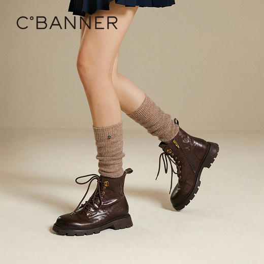 千百度手抓皮厚底马丁靴女美拉德加绒保暖增高短靴子A25568712 商品图2