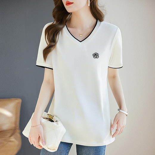 白色纯棉短袖女t恤2025新款宽松胖mm大码女装正肩女士V领上衣夏季 商品图2