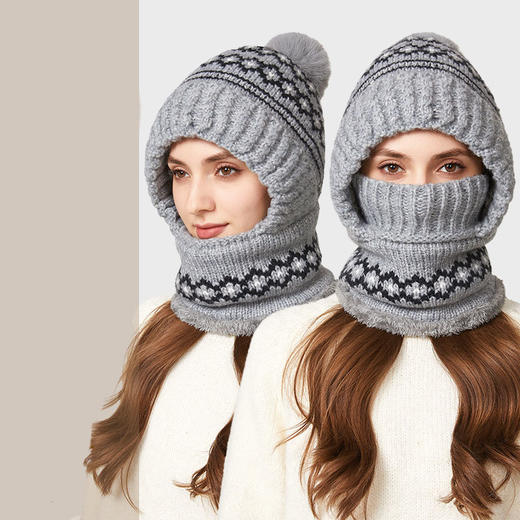 雀说 连体帽秋冬季新款百搭加绒保暖针织帽子围脖口罩一体帽 商品图2