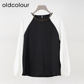 oldcolour欧珂春季新款商场同款圆领拼色休闲长袖衬衫女Q140118A1