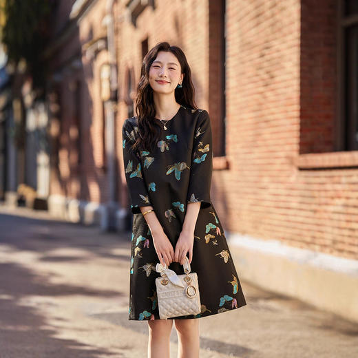 丁摩 76004新款轻奢织金螺钿晴春蝶戏圆领丝毛连衣裙七分袖早秋5ZF-11109 商品图2