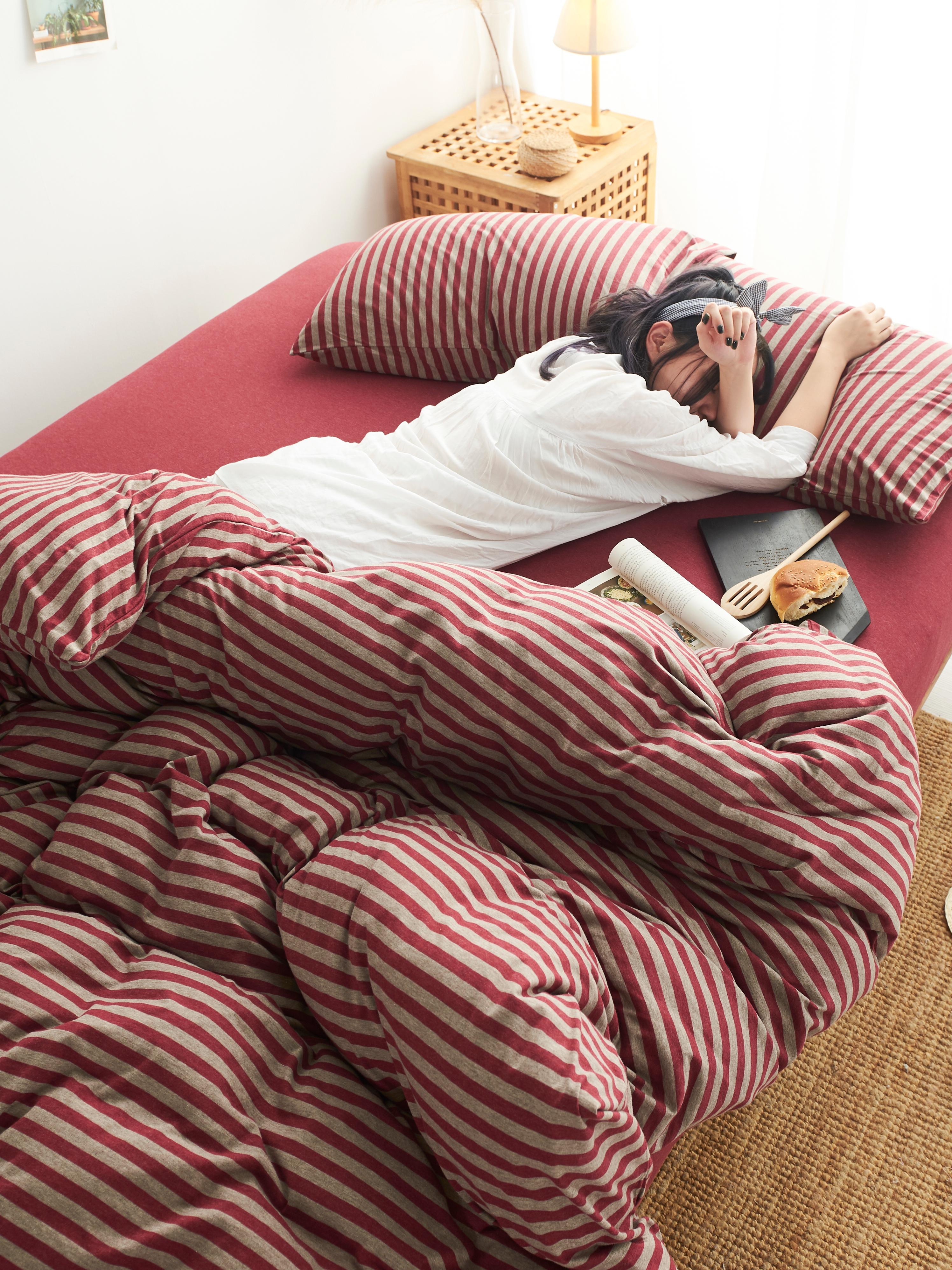 【2025年秋冬针织棉无印风条纹四件套】裸睡床品 A类标准 触感舒服