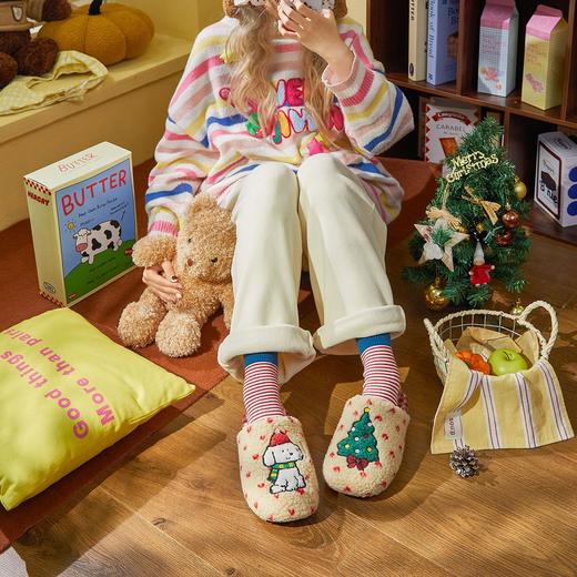 【亲子/情侣】男/女/童冬款新款卡通可爱狗狗萌趣圣诞树毛绒情侣款男女棉拖鞋【WG25110W/WG25110M/WG25506】 商品图1