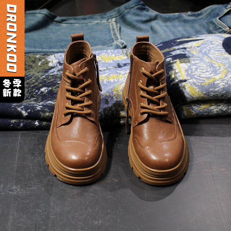 DRONKOO 2025 系带鞋头弧形内侧拉链马皮中帮真皮休闲鞋