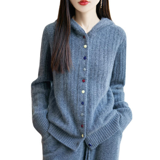 丁摩 纯羊毛开衫秋冬加厚慵懒风连帽卫衣女彩扣绞花毛衣r-252 商品图4