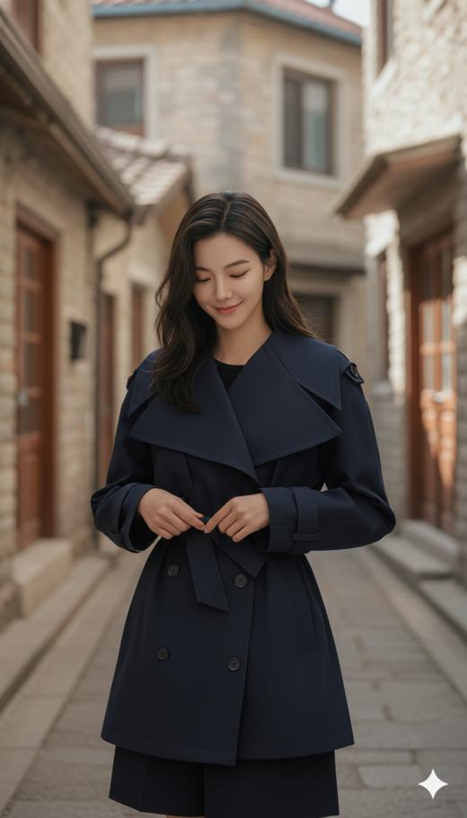 大翻驳领短款双排扣风衣外套 商品图3