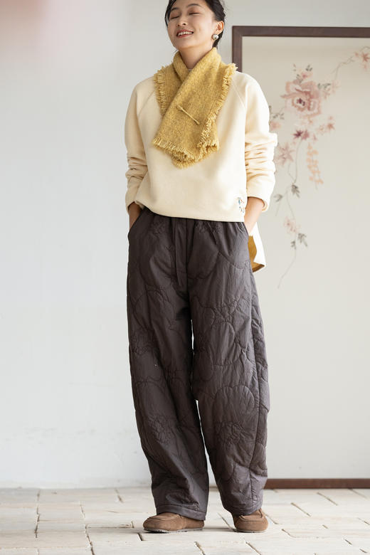 牧衣游原创 40支纯棉山野花机绣裤子女冬宽松柔软保暖休闲裤 归院 商品图3