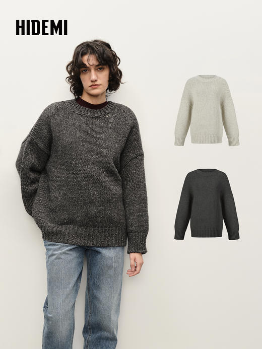 HIDEMI 极简大廓形圆领粗棒针羊驼毛羊毛混纺花纱宽松慵懒毛衣 商品图0