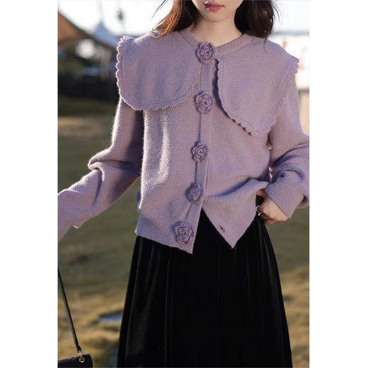 鹿向南「芋芋奶冰」法式紫色娃娃领针织毛衣女2025秋冬季开衫上衣 商品图3