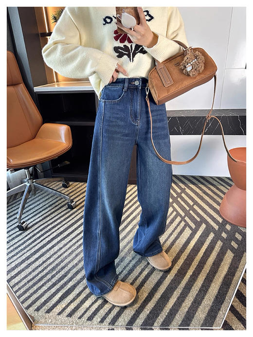 加绒牛仔裤比例分割线！~7密密绒拖地牛仔裤女秋冬新6款加绒宽松直筒阔腿裤 商品图0