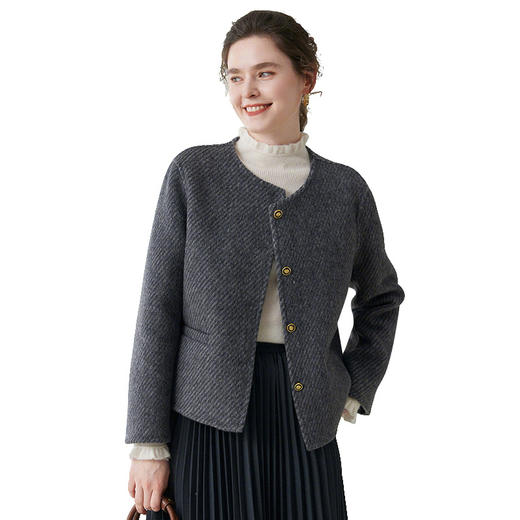 丁摩 圆领短款双面呢羊毛大衣女秋冬新款小香风单排扣外套BN0710 商品图4