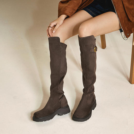 千百度厚底弹力靴女袜靴显瘦增高瘦瘦靴骑士靴长靴子A25506608 商品图2