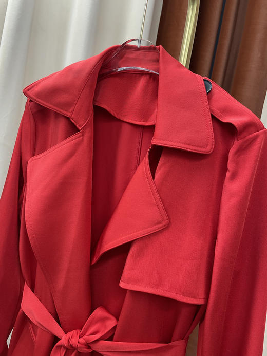 「断码清仓」高级感正红色长款收腰系带翻领大衣M码 ZFYY042 商品图3