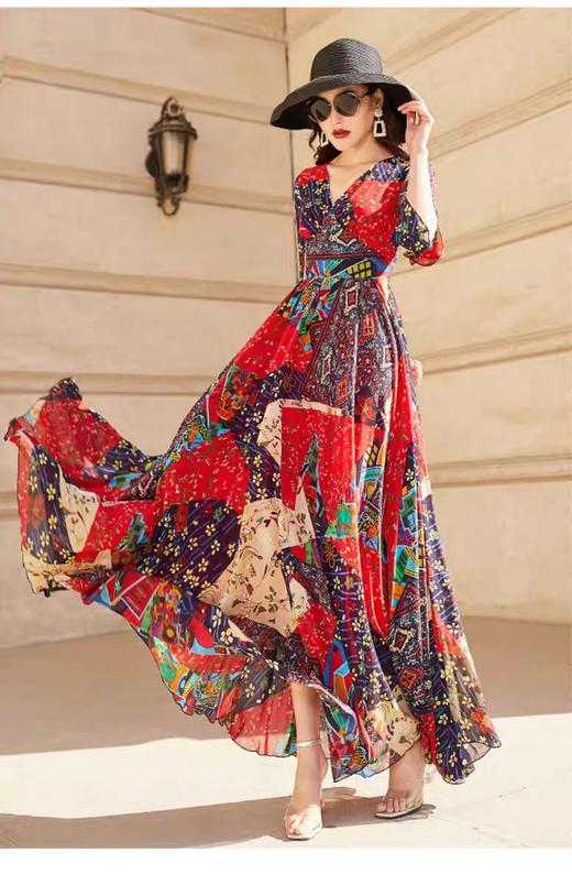 「断码清仓」波西米亚长裙到脚踝超长雪纺连衣裙 L码 ZFYY009 商品图1