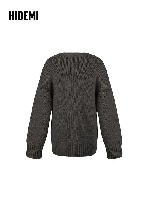 HIDEMI 极简大廓形圆领粗棒针羊驼毛羊毛混纺花纱宽松慵懒毛衣 商品图7