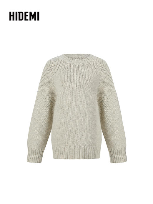 HIDEMI 极简大廓形圆领粗棒针羊驼毛羊毛混纺花纱宽松慵懒毛衣 商品图4