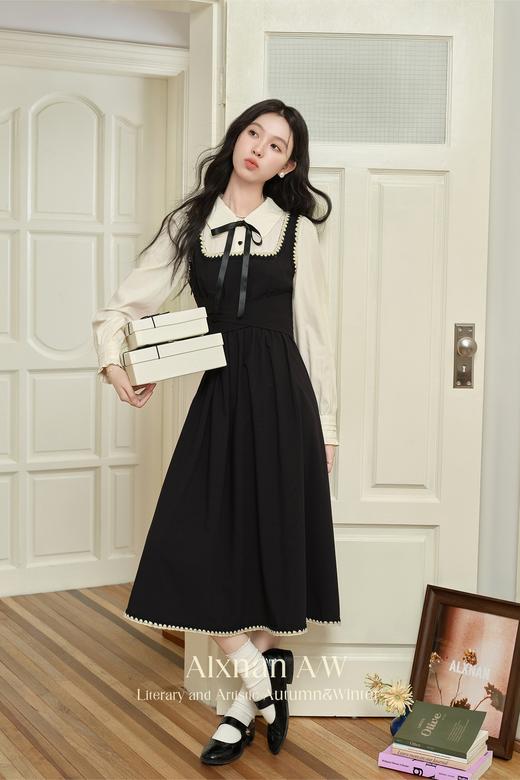 鹿向南「秋水煮茶」假两件学院风衬衫翻领连衣裙冬季款气质裙子女 商品图5