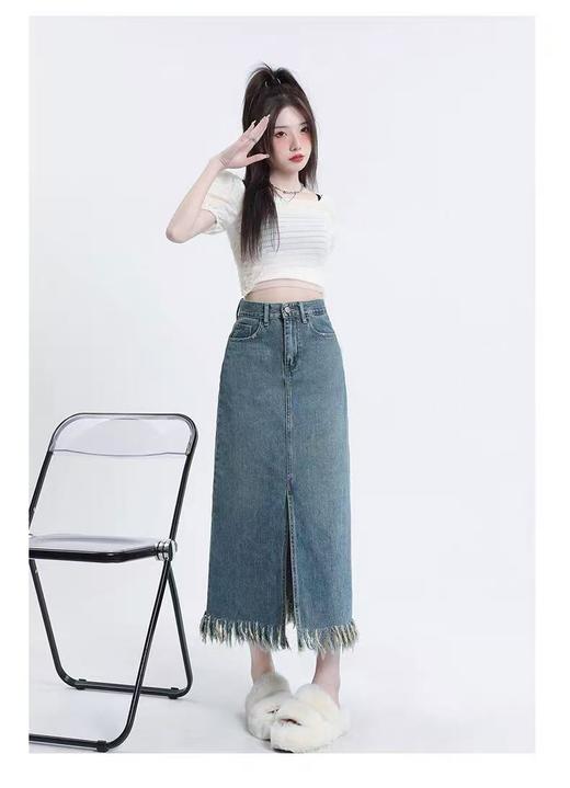 超值特卖-【半裙】复古做旧2133流苏100%棉前开叉牛仔半身裙-喜出 商品图0