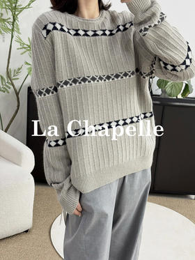 专柜实拍【自留款！兔毛+绵羊毛】拉夏贝尔/La Chapelle韩系圆领撞色菱格针织衫慵懒风宽松显瘦毛衣