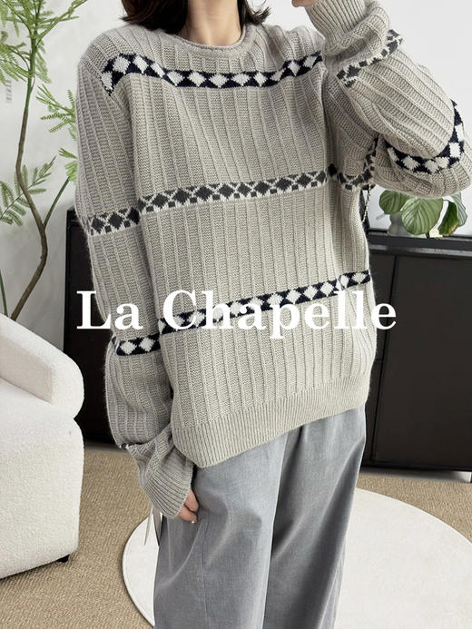 专柜实拍【自留款！兔毛+绵羊毛】拉夏贝尔/La Chapelle韩系圆领撞色菱格针织衫慵懒风宽松显瘦毛衣 商品图0