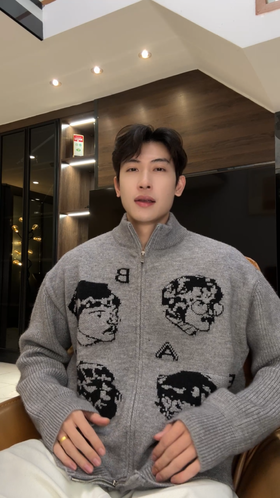 72625SDSA男士秋冬新款痞帅男装潮牌美式人物字母设计拉链立领毛衣百搭