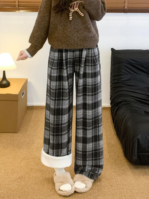 【YW】无忧购加绒复古松弛感提花格子显瘦直筒拖地阔腿裤 H-2022（截单后3-5天发货） 商品图7