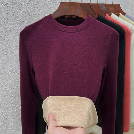 丁摩 圆领加绒打底衫女长袖内搭秋冬气质女装蚕丝羊毛保暖上衣5ZF-388 商品图3